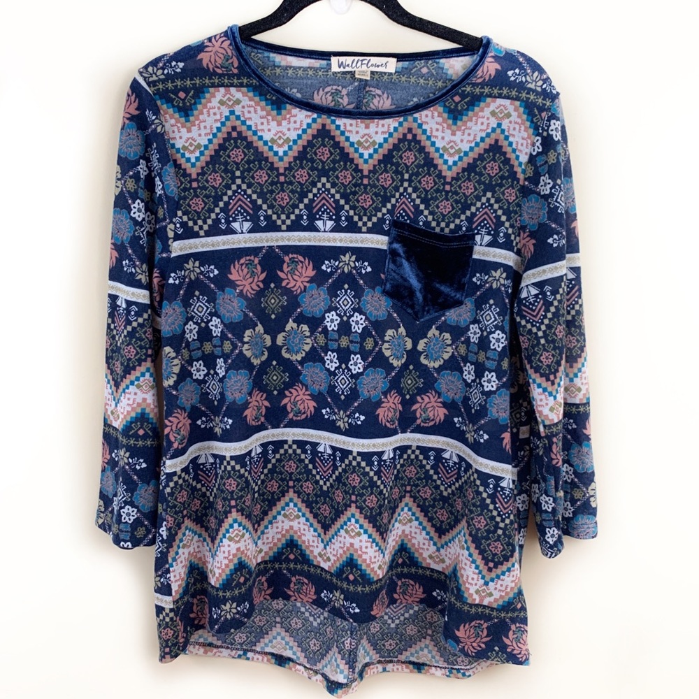 Juniors floral/stripe quarter sleeve pocket shirt
